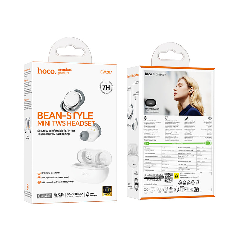 Comfortable Bean-Style Mini TWS Earbuds with 7 Hours, IPX4 Waterproofing (EW207)