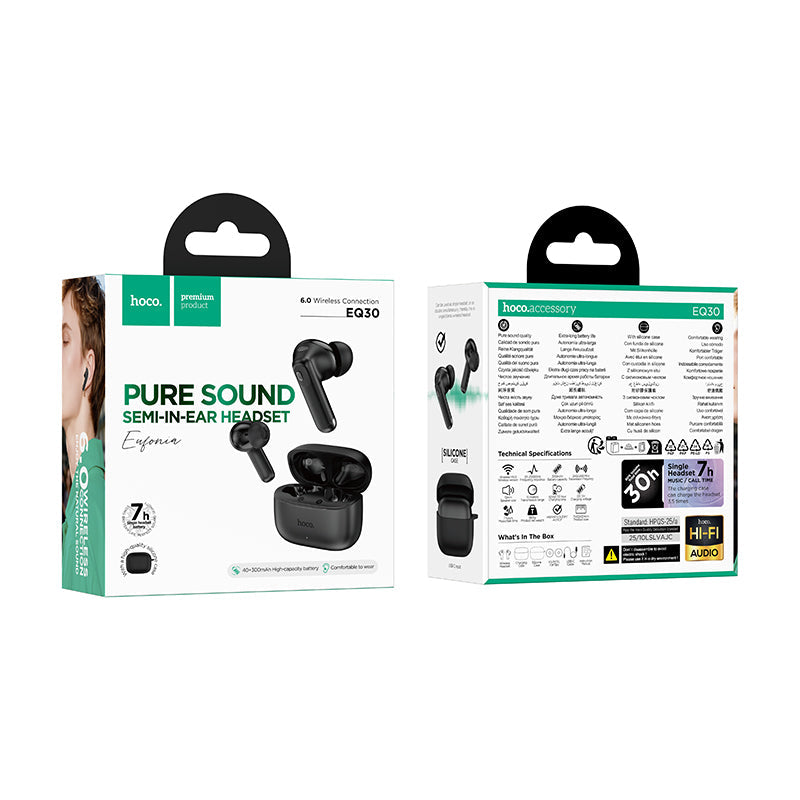 Semi-In-Ear TWS Earbuds with 7 Hours, Carry Case and Snap Hook (EQ30) White