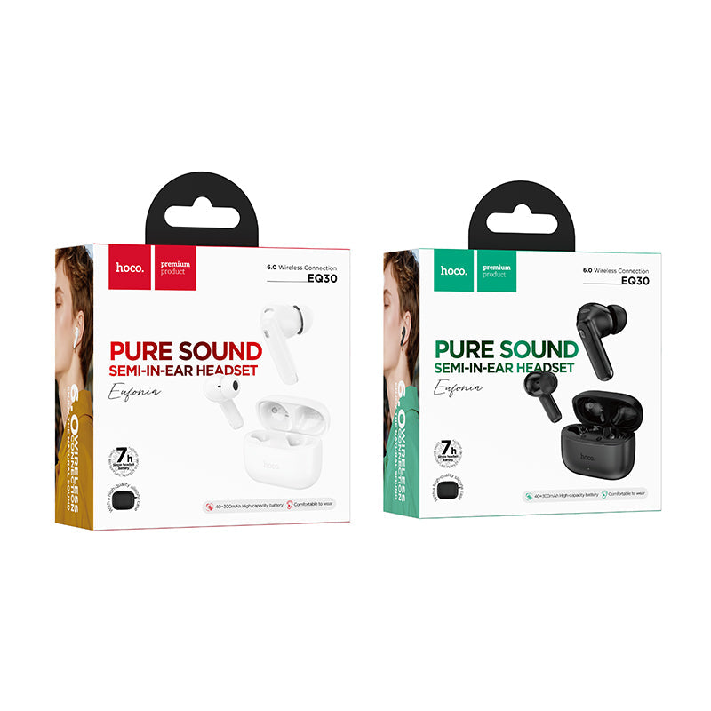 Semi-In-Ear TWS Earbuds with 7 Hours, Carry Case and Snap Hook (EQ30) White