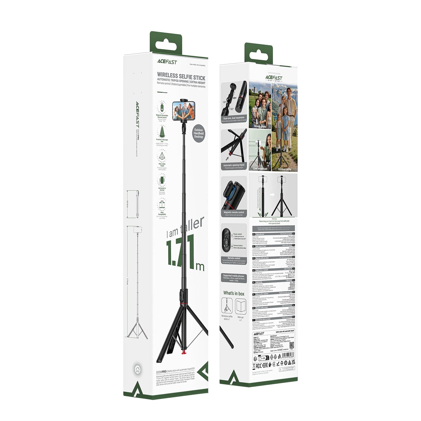 Premium 1.71m Selfie Stick with Drop-to-Open Tripod | Heavy-Duty Aluminum Stand with Bluetooth Remote (E31)