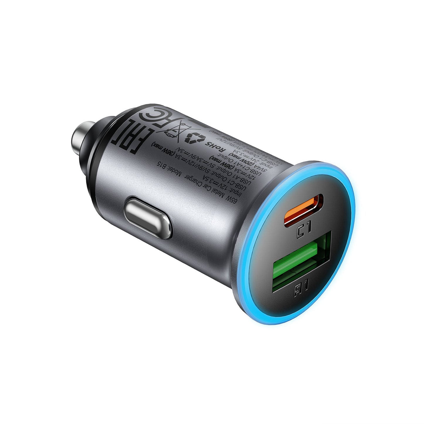 65W PD+QC Mini-Size Super Fast Car Charger with Metallic Body, LED Ring Light (B15)