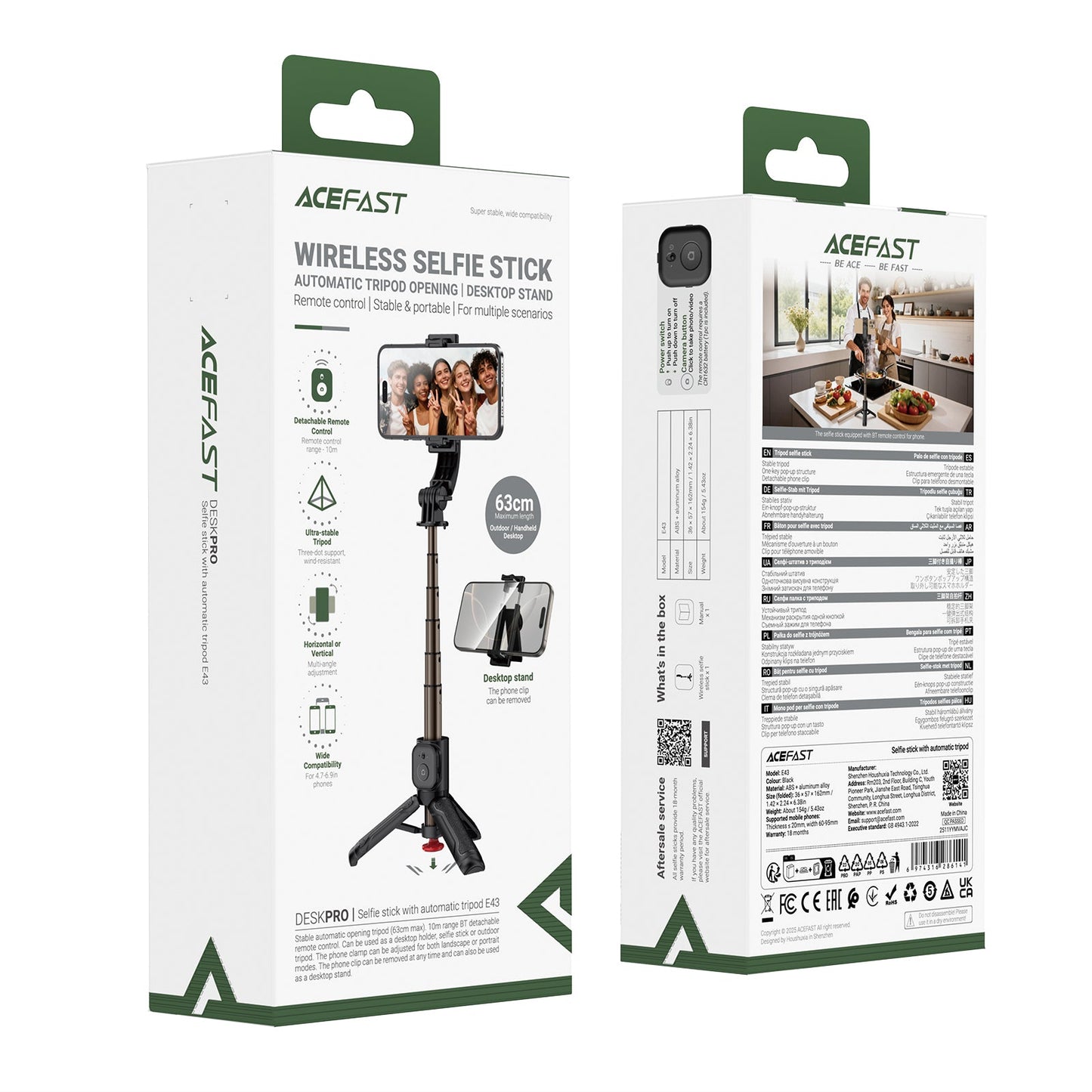 Premium 0.63m Selfie Stick with Drop-to-Open Tripod | Mini Portable Aluminum Stand with Bluetooth Remote (E43)