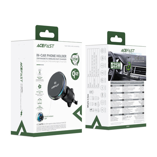 25W Qi2 Wireless Charging Phone Holder for Air Vent, with Active Cooling, Ambient Light (D61)
