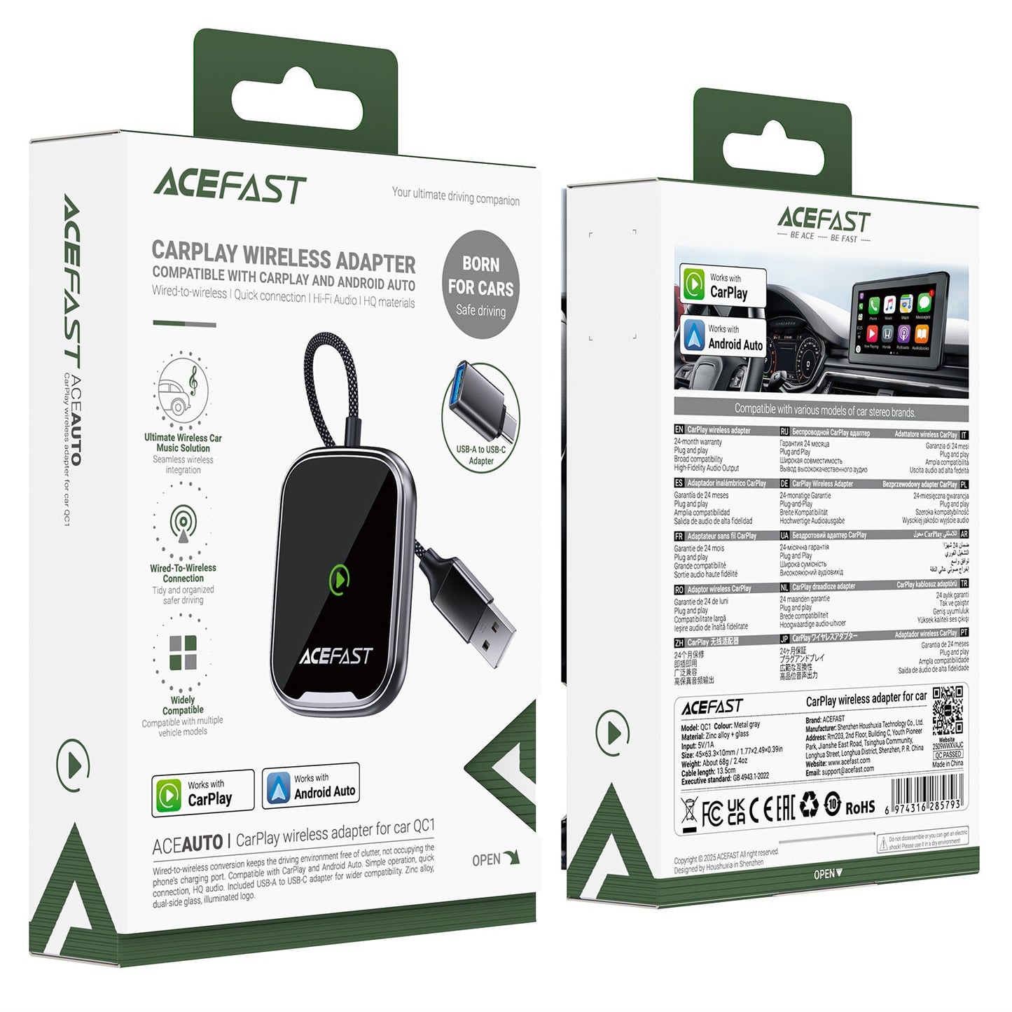 Wireless Adaptor for Apple CarPlay & Android Auto with USB-A & USB-C Plug (QC1)