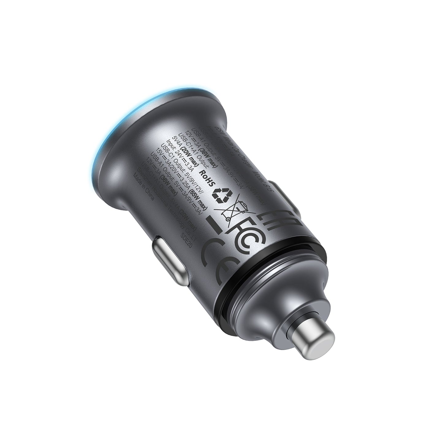 65W PD+QC Mini-Size Super Fast Car Charger with Metallic Body, LED Ring Light (B15)
