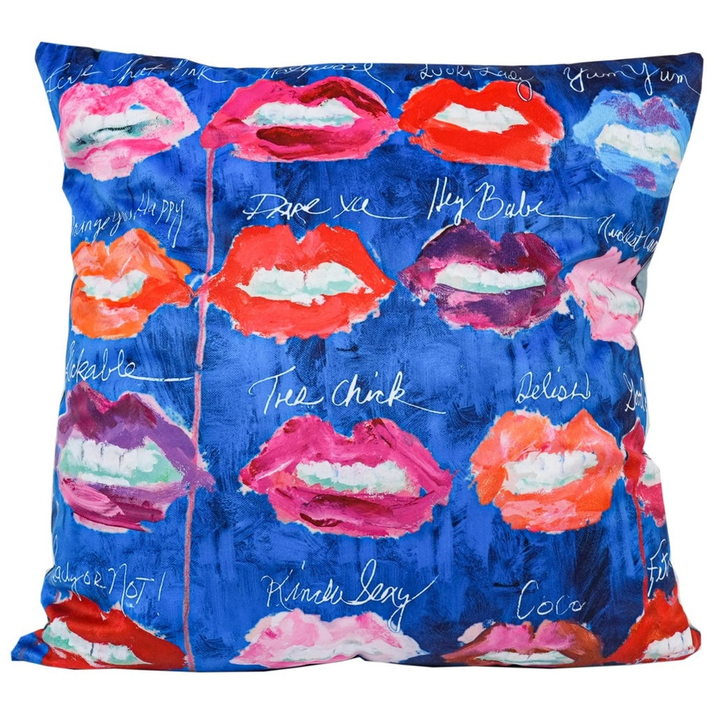Pop Art Velvet Cushion - Lips on Blue