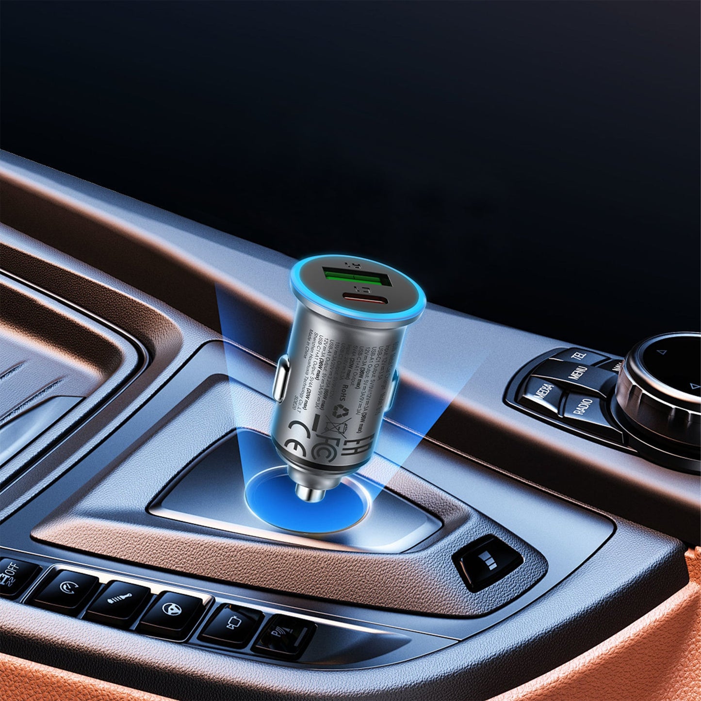65W PD+QC Mini-Size Super Fast Car Charger with Metallic Body, LED Ring Light (B15)