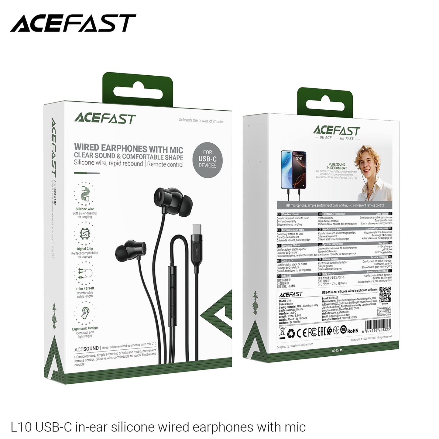 Universal Digital USB-C Wired Earphones with Microphone, Silicon Wire (L10) Black