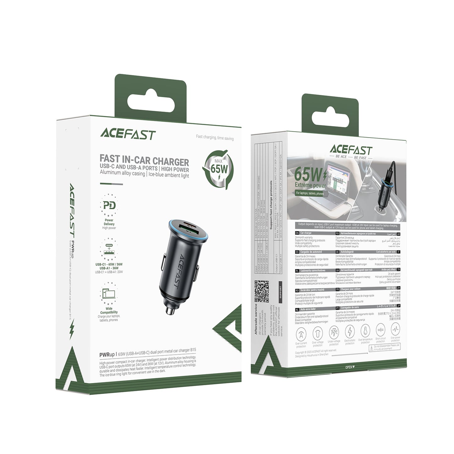 65W PD+QC Mini-Size Super Fast Car Charger with Metallic Body, LED Ring Light (B15)