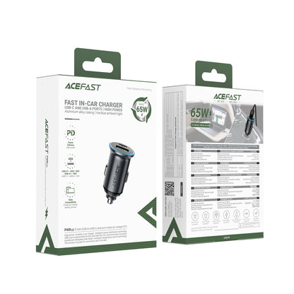65W PD+QC Mini-Size Super Fast Car Charger with Metallic Body, LED Ring Light (B15)