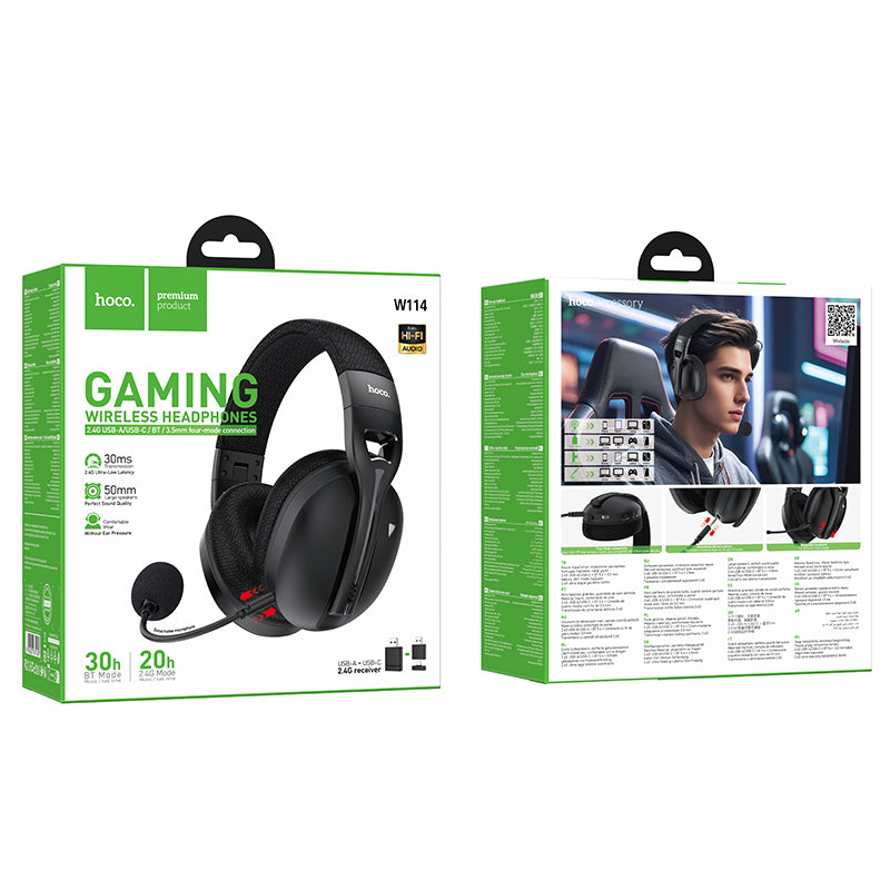 Premium Wireless Gaming Headset with Detachable Microphone, Wired Mode, 2.4G & Bluetooth Dual Wireless Mode (W114)