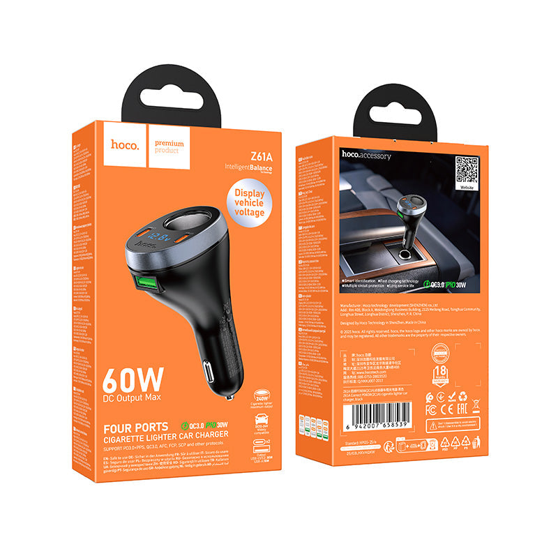 60W Super Fast Car Charger & Cigarette Lighter Splitter | 3 Ports (2 USB-C + 1 USB-A) & LED Display (Z61A)