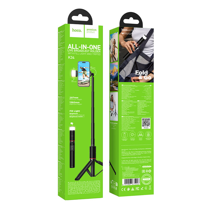 Premium Bluetooth Selfie Stick with 1.36m Tripod, Dual-Color LED Fill Light (K34)