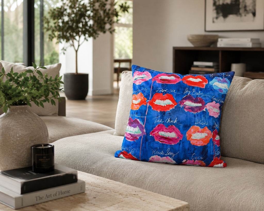Pop Art Velvet Cushion - Lips on Blue