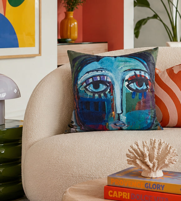 Abstract Face Velvet Cushion - Teal