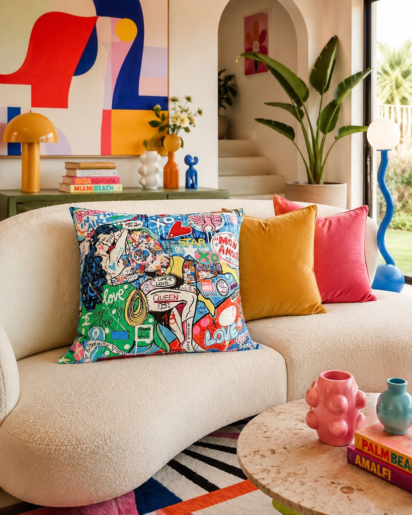 Graffiti Collage Velvet Cushion - Mon Amour