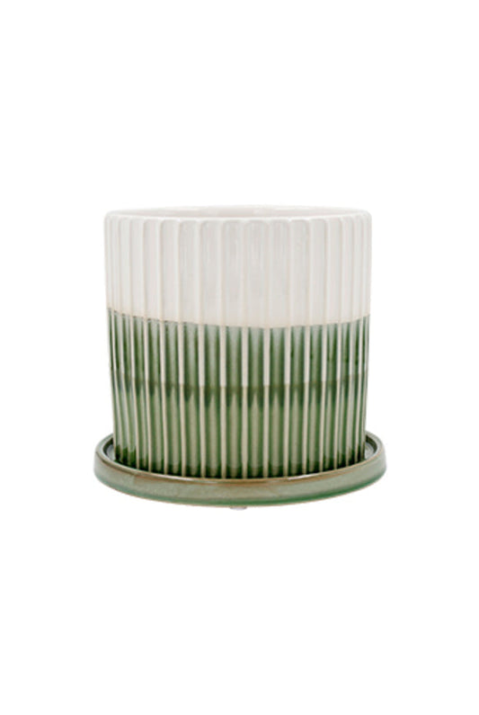 Rufus Glazed Planter w/Saucer Green/White