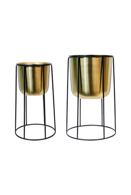 Gold Metal Planters on Black Stands Set/2