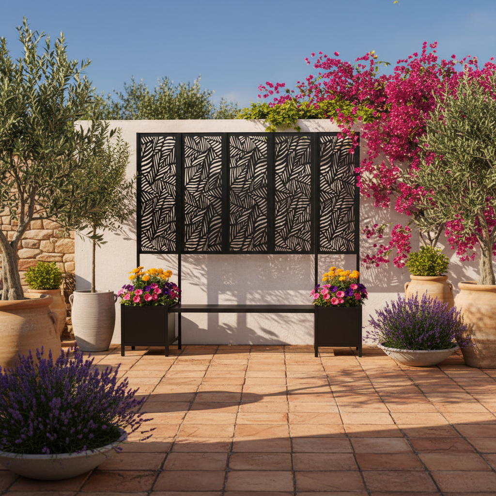 Ornate Metal Bench with Planters and Trellis - Black