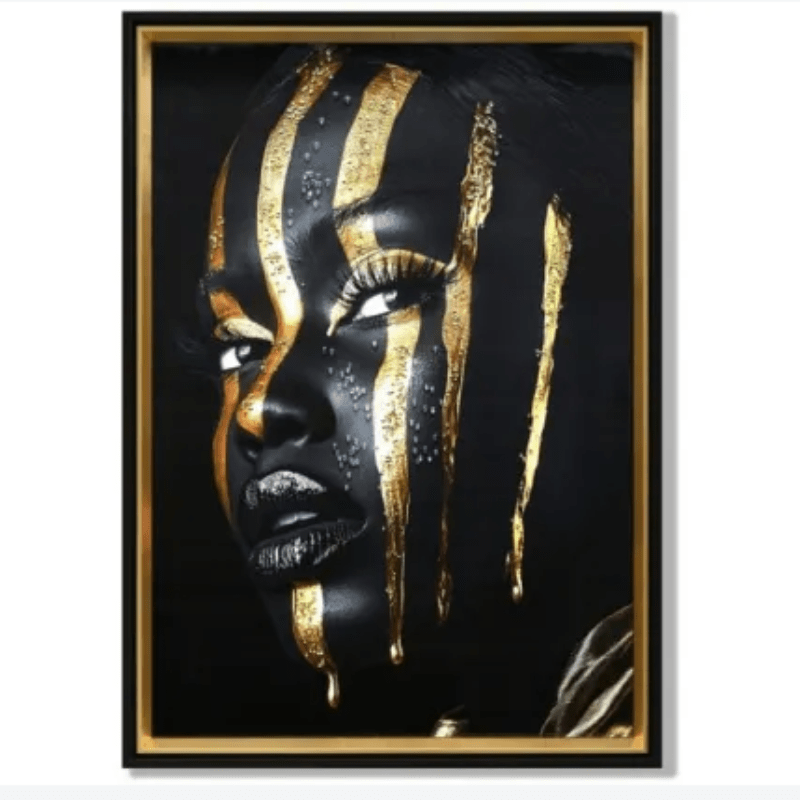 Afro Lady with Gold Strips Framed Canvas Wall Art
