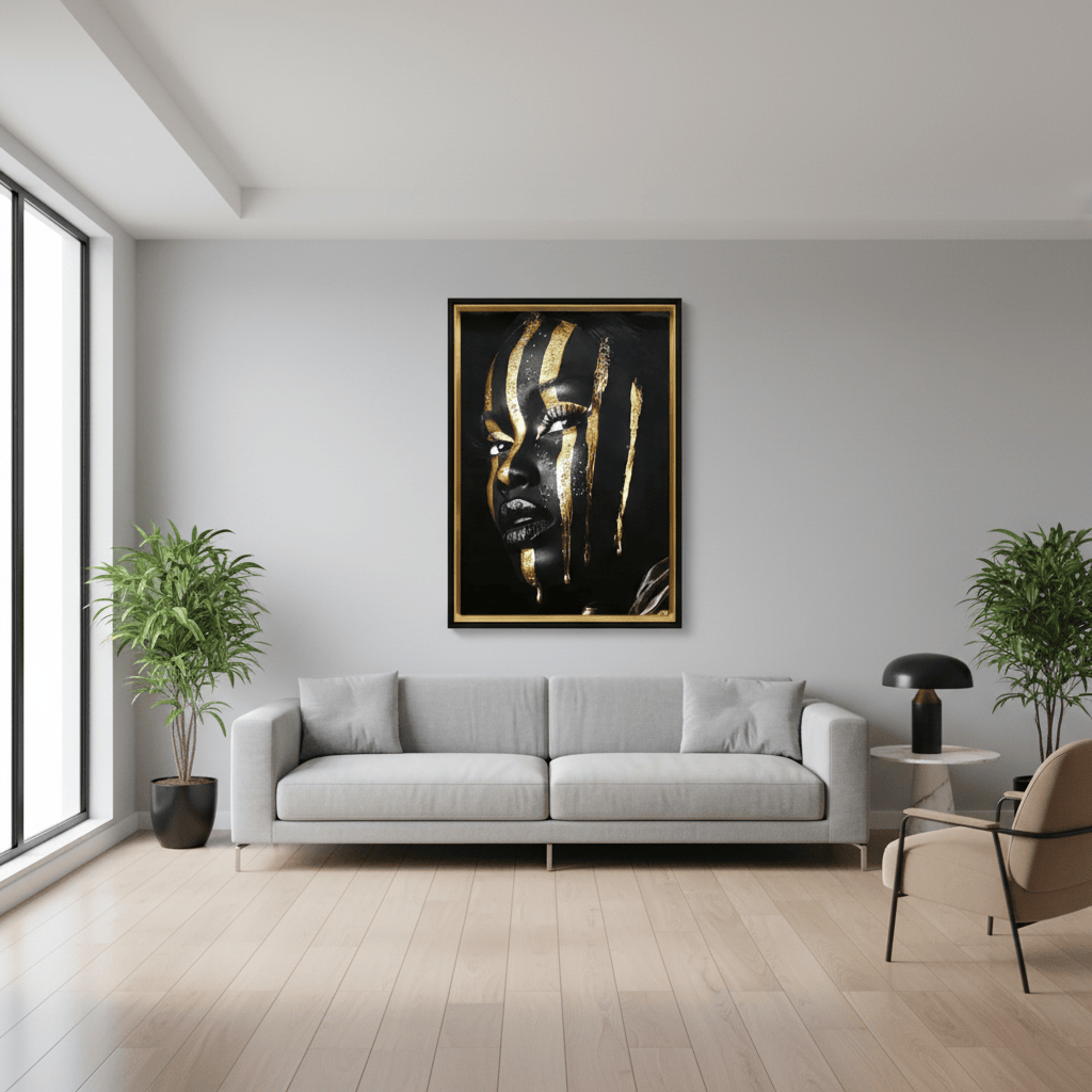 Afro Lady with Gold Strips Framed Canvas Wall Art
