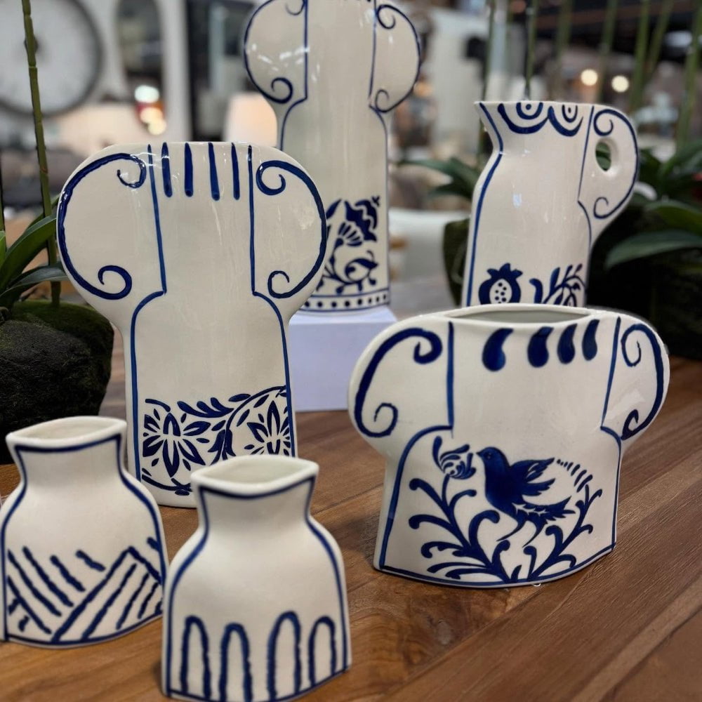 Blanche Ceramic Vase 18cm - White / Blue