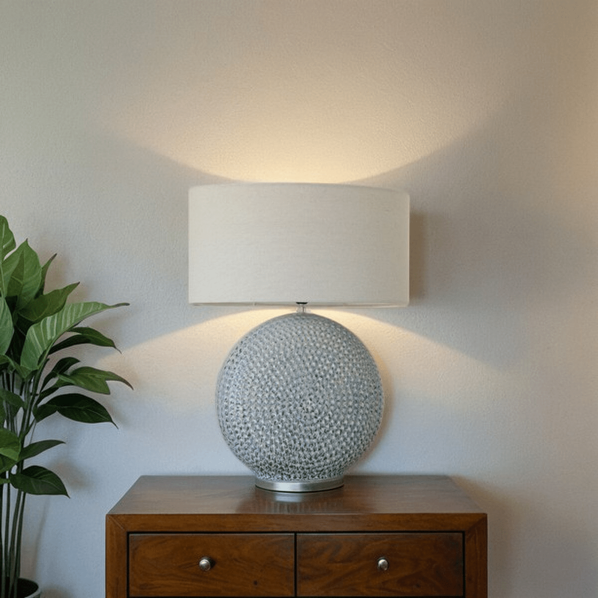Blue Glazed Ceramic Lamp W/ Grey Linen Shade