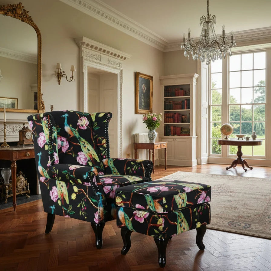 Castella Wingback Peacock Armchair with Ottoman