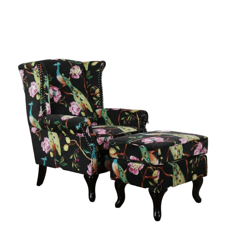 Castella Wingback Peacock Armchair with Ottoman