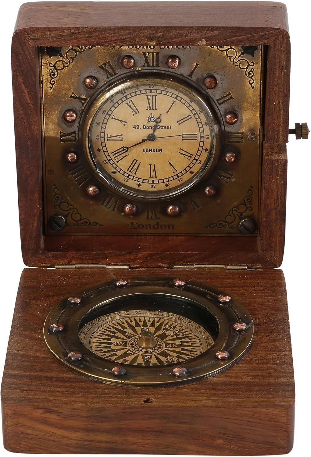 Clock & Compass in a Wooden Box
