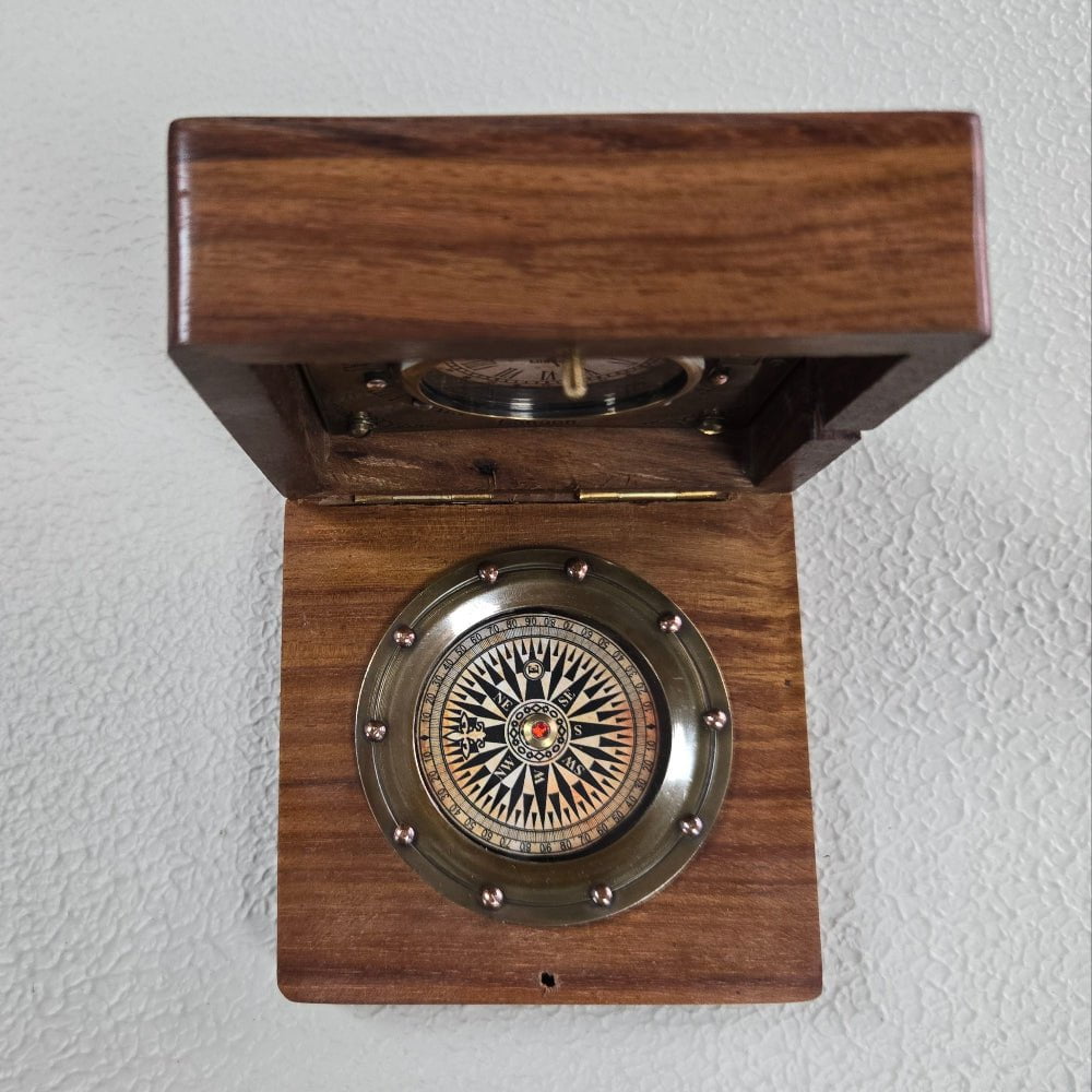 Clock & Compass in a Wooden Box