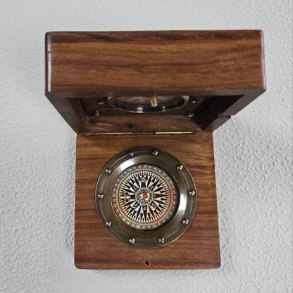 Clock & Compass in a Wooden Box