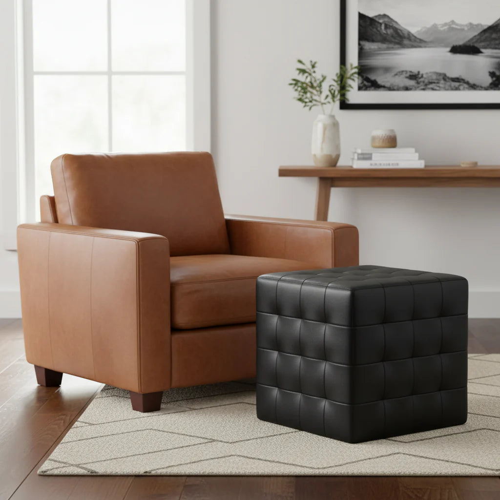 Cube Tufted Leather Ottoman