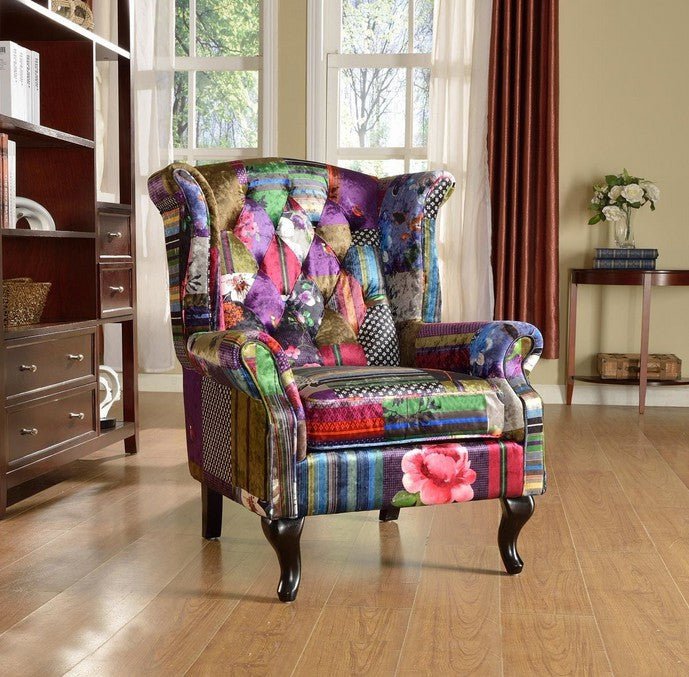 Franklin Patchwork Wingback Armchair with Ottoman