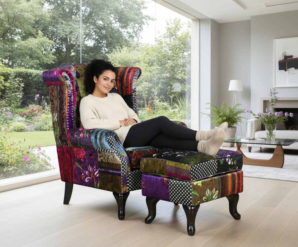 Franklin Patchwork Wingback Armchair with Ottoman