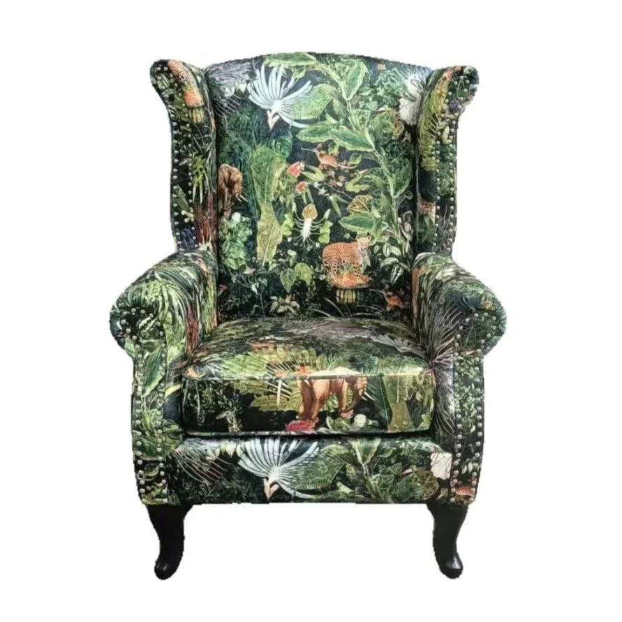 Franklin Wingback Patchwork Armchair with Ottoman- Green Forest