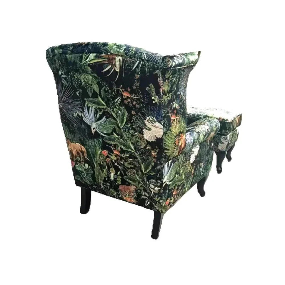 Franklin Wingback Patchwork Armchair with Ottoman- Green Forest