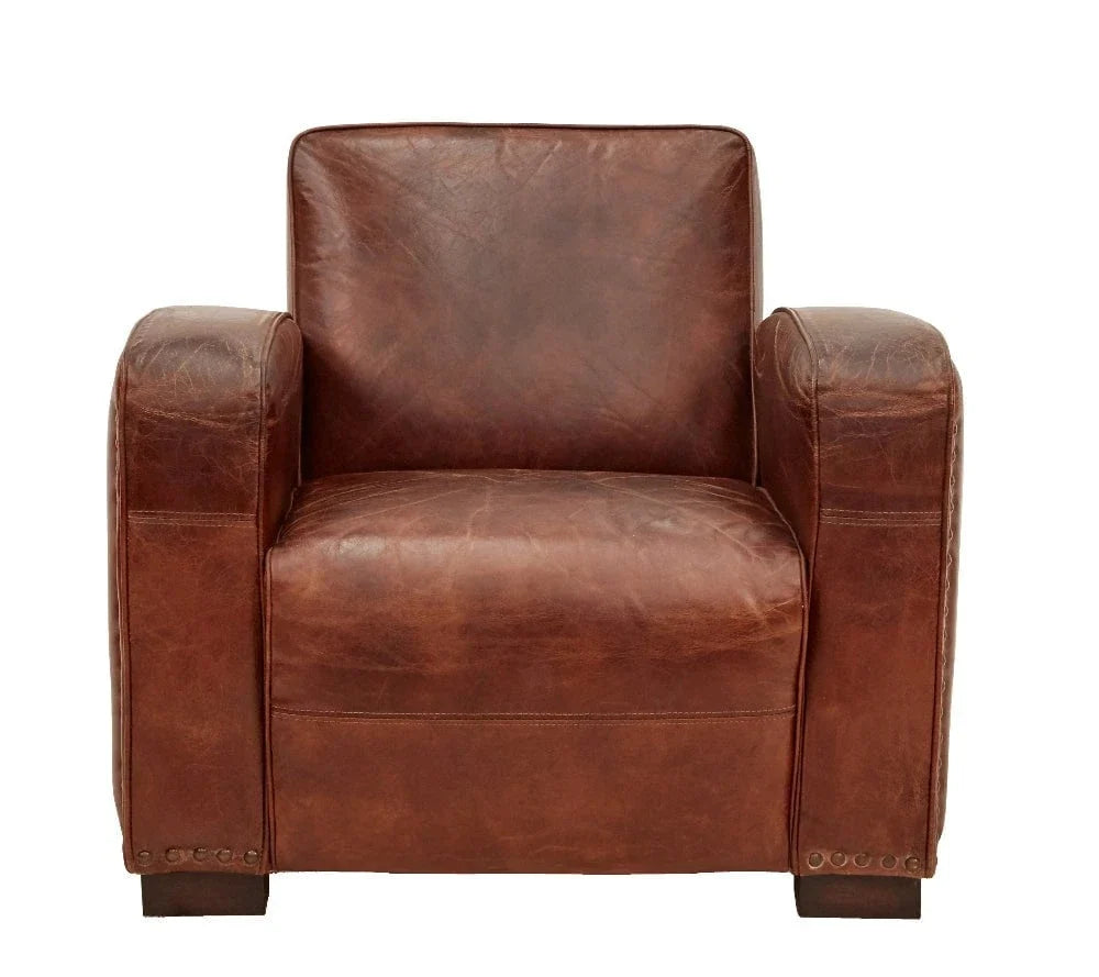 Kingsley Club Vintage Leather Art Deco Armchair - Vintage Cigar