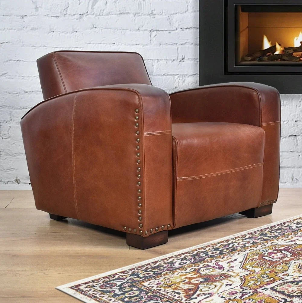 Kingsley Club Vintage Leather Art Deco Armchair - Vintage Cigar