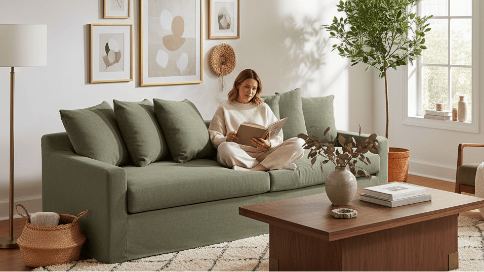 Lucca 3 Seater Slipcover Sofa - Olive