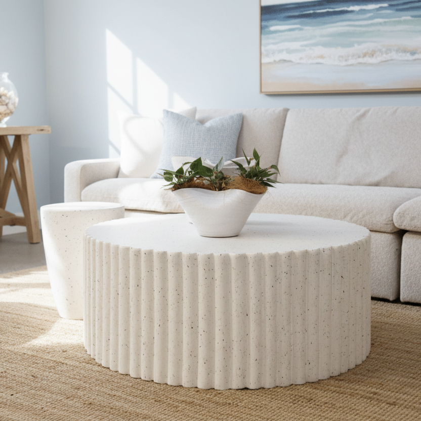 Lulu Ribbed MGO Round Coffee Table - White Fleck