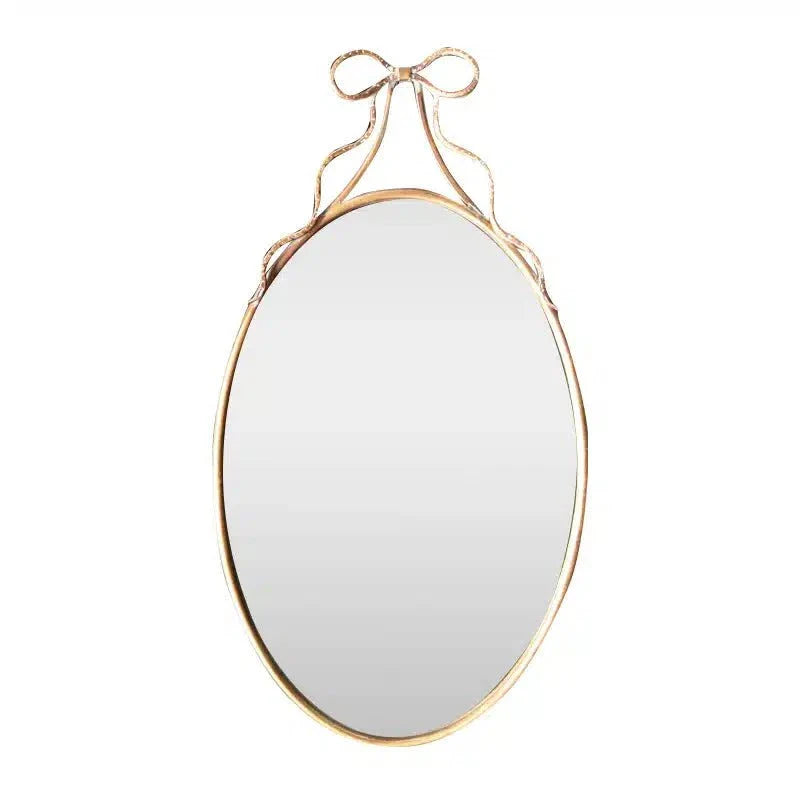 Oval Metal Wall Mirror with Bow - Gold