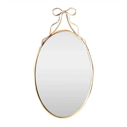 Oval Metal Wall Mirror with Bow - Gold