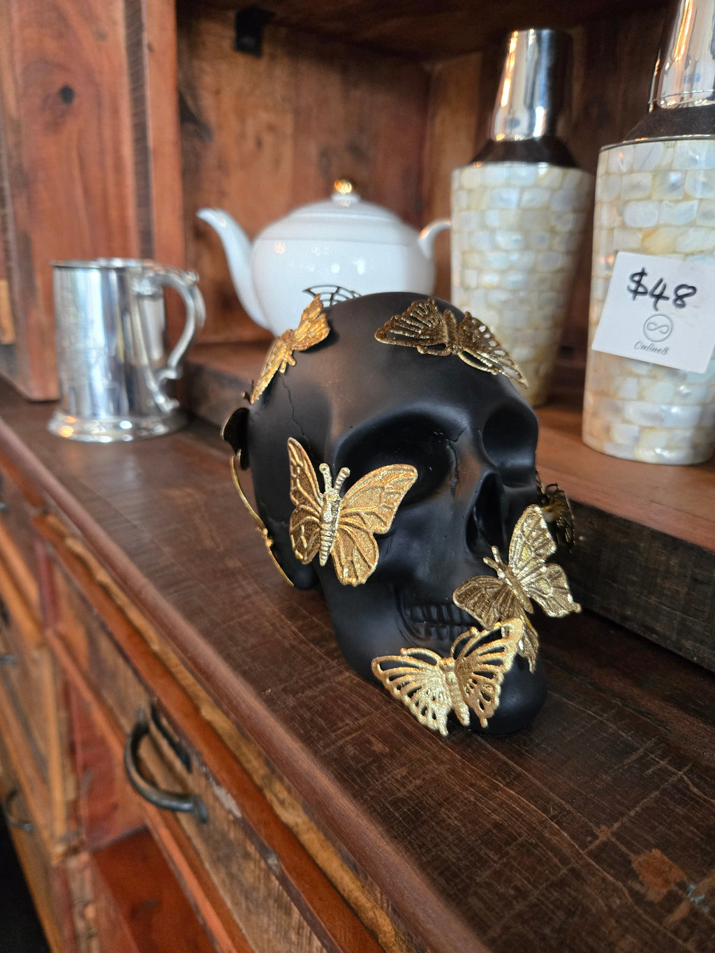 Skull with Metal Butterflies